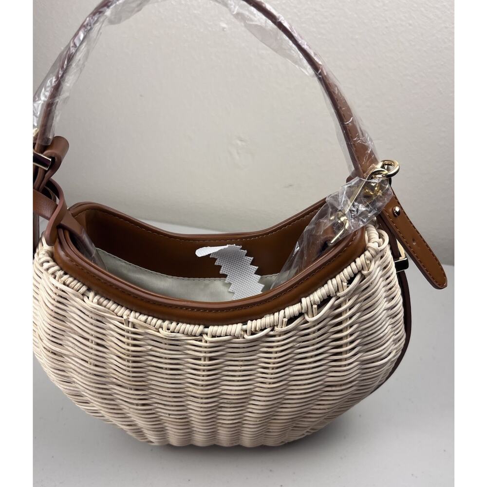LOULU Woven Rattan Straw Saddle Bag Brown Faux Leather Handle Boho Purse - Picture 3 of 8